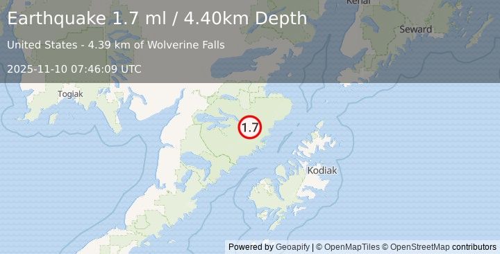 Earthquake 103 km S of Kokhanok, Alaska (1.7 ml) (2025-11-10 07:46:09 UTC)