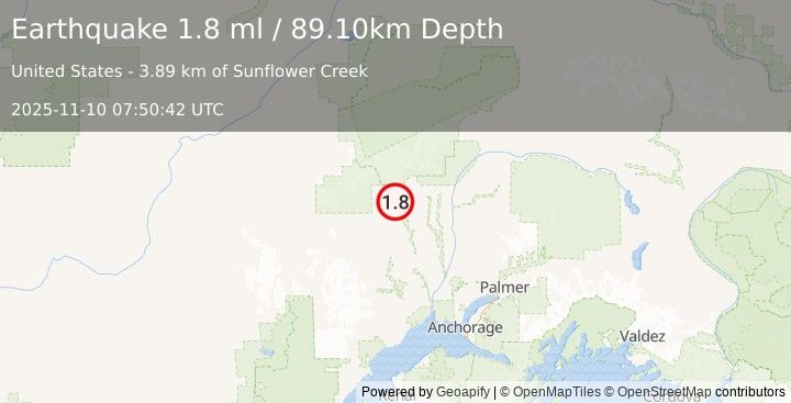 Earthquake 29 km WSW of Petersville, Alaska (1.8 ml) (2025-11-10 07:50:42 UTC)