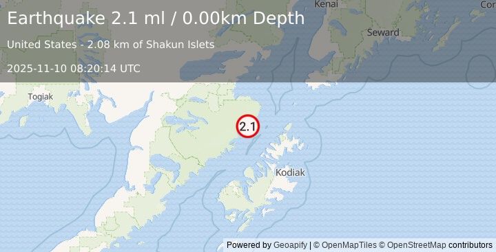 Earthquake 75 km NW of Aleneva, Alaska (2.1 ml) (2025-11-10 08:20:14 UTC)