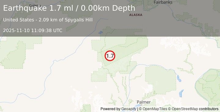 Earthquake 46 km SSE of Denali National Park, Alaska (1.7 ml) (2025-11-10 11:09:38 UTC)