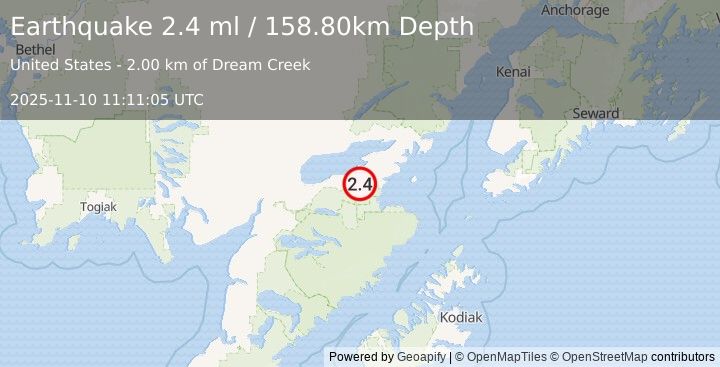Earthquake 17 km SW of Kokhanok, Alaska (2.4 ml) (2025-11-10 11:11:03 UTC)