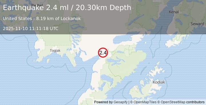 Earthquake 17 km SSE of Levelock, Alaska (2.4 ml) (2025-11-10 11:11:18 UTC)