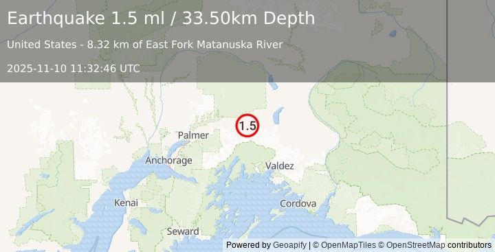 Earthquake 16 km ESE of Glacier View, Alaska (1.5 ml) (2025-11-10 11:32:46 UTC)