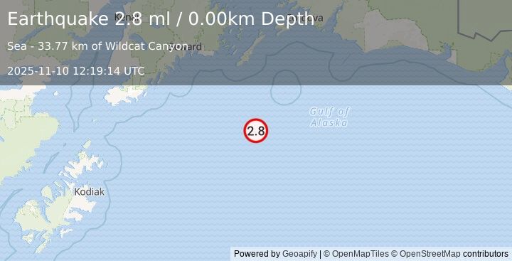 Earthquake 149 km SSE of Chenega, Alaska (2.8 ml) (2025-11-10 12:19:14 UTC)