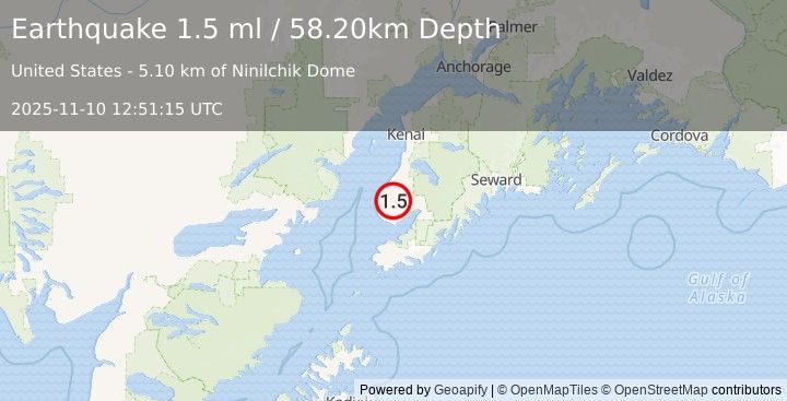 Earthquake 10 km NE of Nikolaevsk, Alaska (1.5 ml) (2025-11-10 12:51:15 UTC)