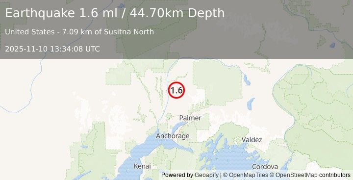Earthquake 7 km ENE of Susitna North, Alaska (1.6 ml) (2025-11-10 13:34:08 UTC)