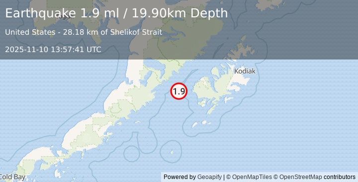 Earthquake 58 km WSW of Karluk, Alaska (1.9 ml) (2025-11-10 13:57:41 UTC)