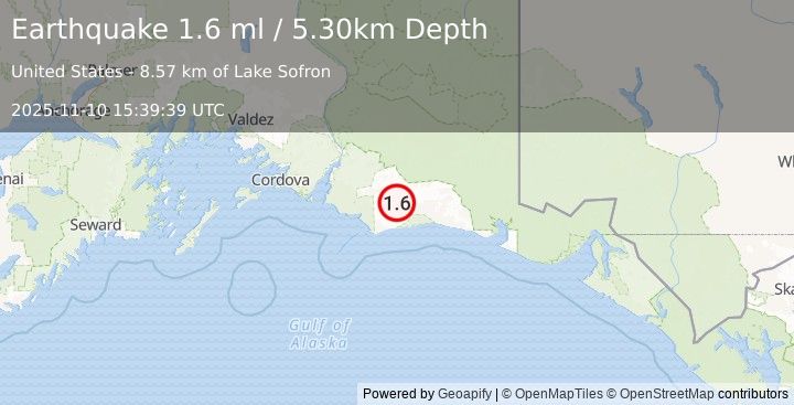 Earthquake 127 km SSW of McCarthy, Alaska (1.6 ml) (2025-11-10 15:39:39 UTC)