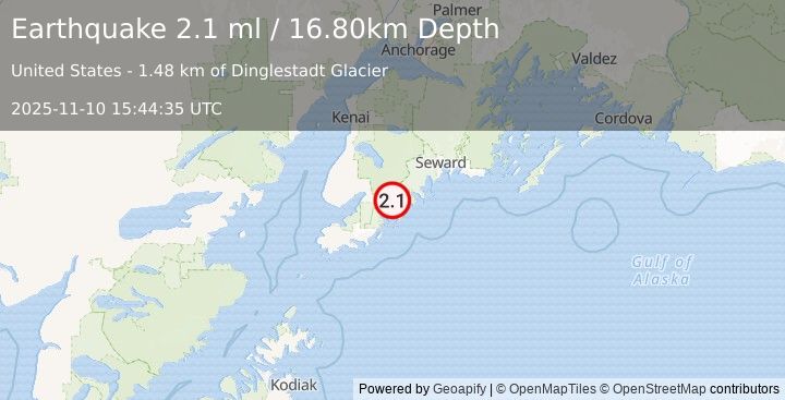 Earthquake 34 km ESE of Fox River, Alaska (2.1 ml) (2025-11-10 15:44:35 UTC)