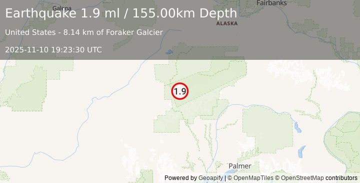 Earthquake 47 km S of Denali National Park, Alaska (1.9 ml) (2025-11-10 19:23:30 UTC)
