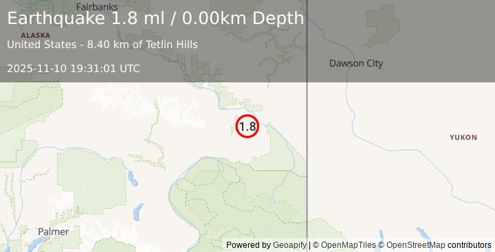 Earthquake 19 km W of Tetlin, Alaska (1.8 ml) (2025-11-10 19:31:01 UTC)