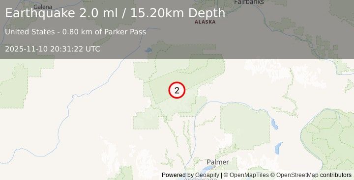 Earthquake 63 km SE of Denali National Park, Alaska (2.0 ml) (2025-11-10 20:31:22 UTC)