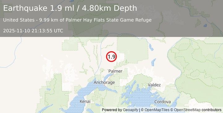 Earthquake 25 km ESE of Susitna North, Alaska (1.9 ml) (2025-11-10 21:13:55 UTC)