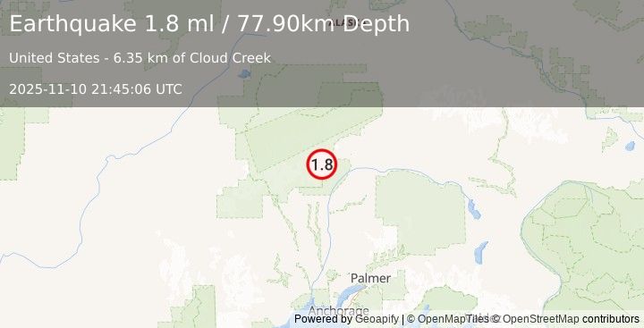 Earthquake 51 km NNE of Petersville, Alaska (1.8 ml) (2025-11-10 21:45:06 UTC)