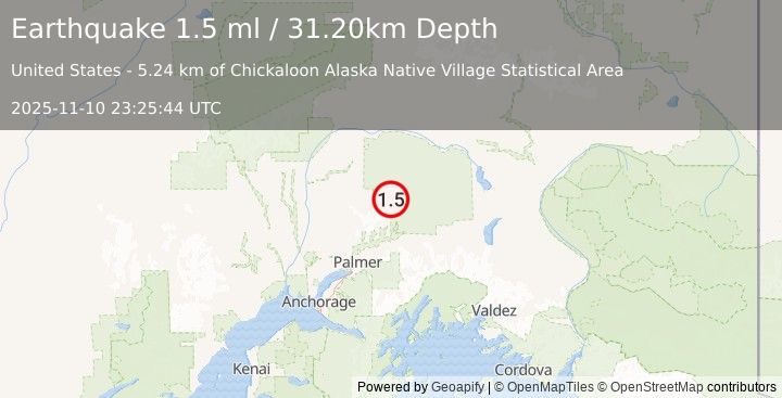 Earthquake 44 km N of Chickaloon, Alaska (1.5 ml) (2025-11-10 23:25:44 UTC)