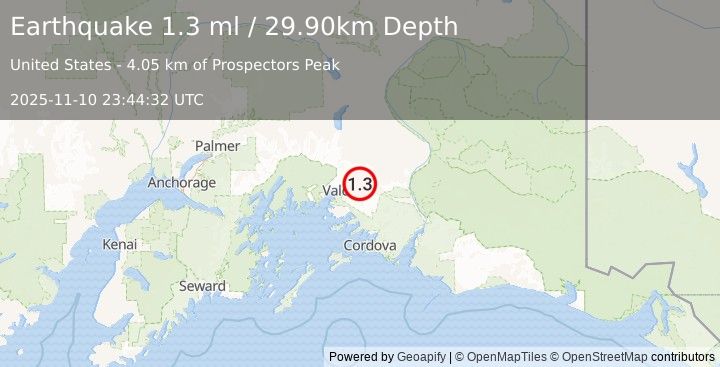 Earthquake 21 km ENE of Valdez, Alaska (1.3 ml) (2025-11-10 23:44:32 UTC)