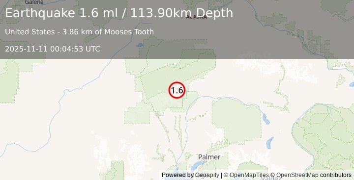 Earthquake 56 km NNE of Petersville, Alaska (1.6 ml) (2025-11-11 00:04:53 UTC)