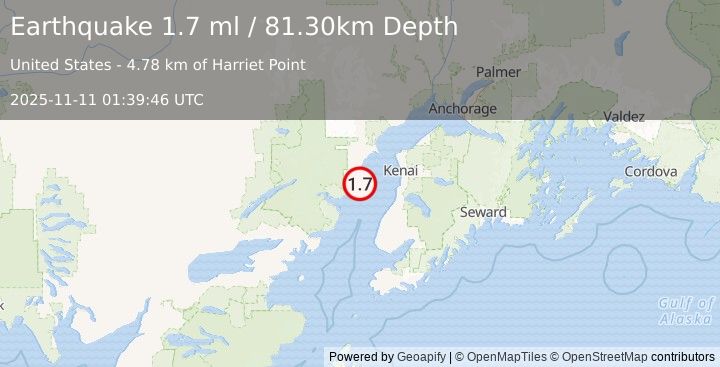 Earthquake 46 km WNW of Clam Gulch, Alaska (1.7 ml) (2025-11-11 01:39:46 UTC)