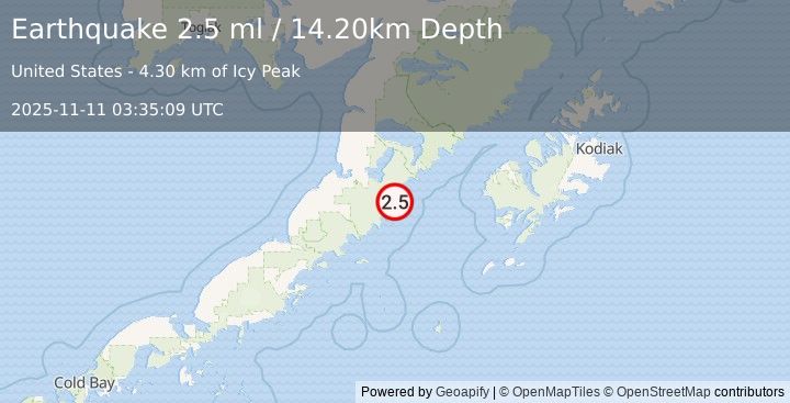 Earthquake 63 km ESE of Ugashik, Alaska (2.5 ml) (2025-11-11 03:35:09 UTC)