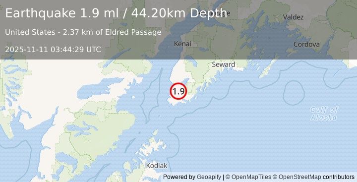 Earthquake 15 km E of Seldovia Village, Alaska (1.9 ml) (2025-11-11 03:44:28 UTC)