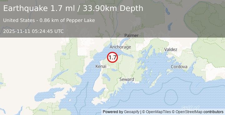 Earthquake 15 km ESE of Point Possession, Alaska (1.7 ml) (2025-11-11 05:24:45 UTC)
