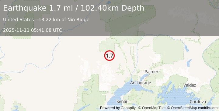 Earthquake 42 km WNW of Skwentna, Alaska (1.7 ml) (2025-11-11 05:41:08 UTC)