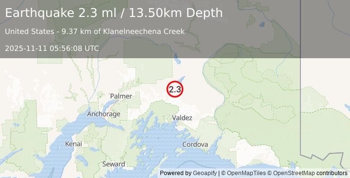 Earthquake 27 km S of Nelchina, Alaska (2.3 ml) (2025-11-11 05:56:08 UTC)