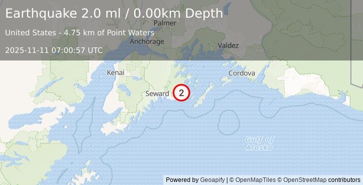 Earthquake 21 km WNW of Chenega, Alaska (2.0 ml) (2025-11-11 07:00:57 UTC)
