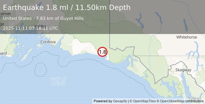 Earthquake 122 km WNW of Yakutat, Alaska (1.8 ml) (2025-11-11 07:18:11 UTC)