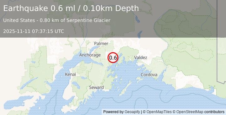 Earthquake 44 km NNE of Whittier, Alaska (0.6 ml) (2025-11-11 07:37:15 UTC)