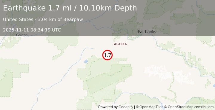 Earthquake 72 km WSW of Clear, Alaska (1.7 ml) (2025-11-11 08:34:19 UTC)