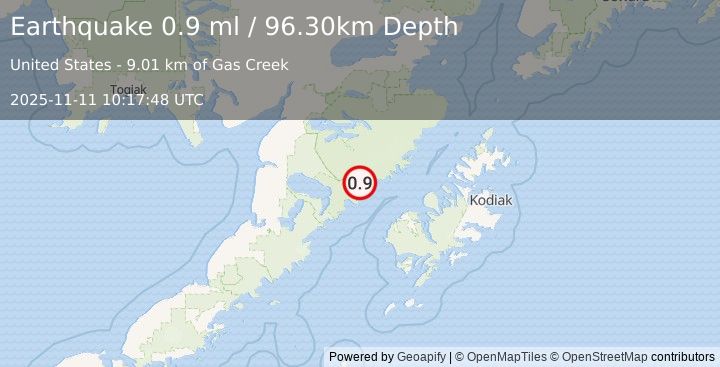 Earthquake 67 km NW of Karluk, Alaska (0.9 ml) (2025-11-11 10:17:48 UTC)