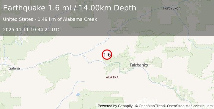 Earthquake 32 km ENE of Manley Hot Springs, Alaska (1.6 ml) (2025-11-11 10:34:21 UTC)