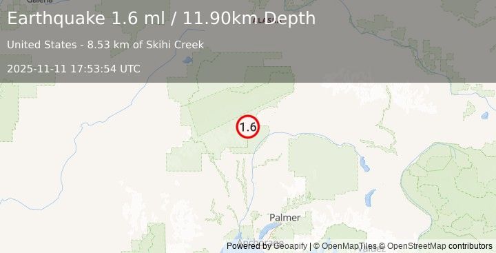 Earthquake 55 km NNE of Petersville, Alaska (1.6 ml) (2025-11-11 17:53:54 UTC)
