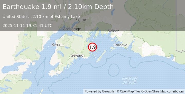 Earthquake 43 km N of Chenega, Alaska (1.9 ml) (2025-11-11 19:31:41 UTC)