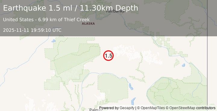 Earthquake 37 km E of Cantwell, Alaska (1.5 ml) (2025-11-11 19:59:10 UTC)
