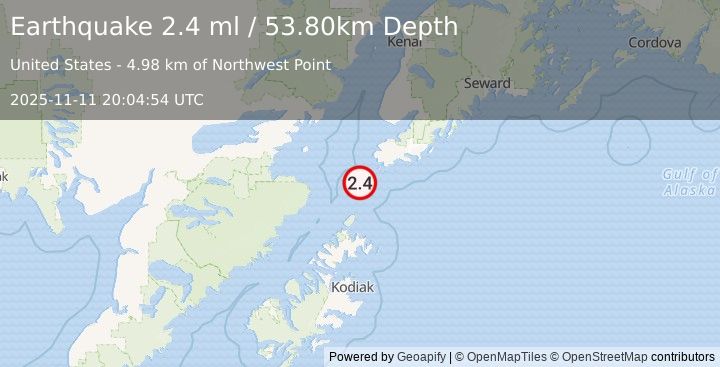 Earthquake 45 km SSW of Nanwalek, Alaska (2.4 ml) (2025-11-11 20:04:54 UTC)