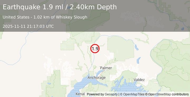 Earthquake 5 km NE of Talkeetna, Alaska (1.9 ml) (2025-11-11 21:17:03 UTC)