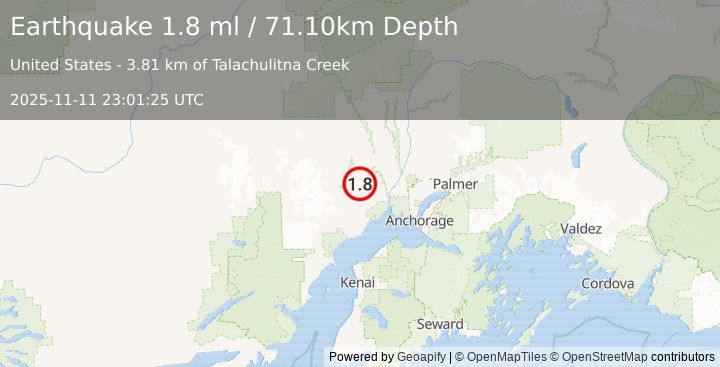 Earthquake 37 km W of Susitna, Alaska (1.8 ml) (2025-11-11 23:01:25 UTC)