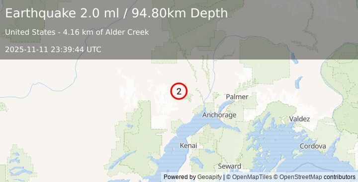 Earthquake 33 km SSW of Skwentna, Alaska (2.0 ml) (2025-11-11 23:39:44 UTC)