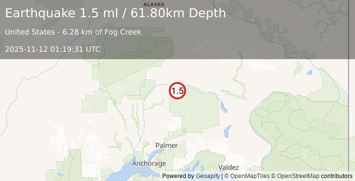 Earthquake 74 km SSE of Cantwell, Alaska (1.5 ml) (2025-11-12 01:19:31 UTC)