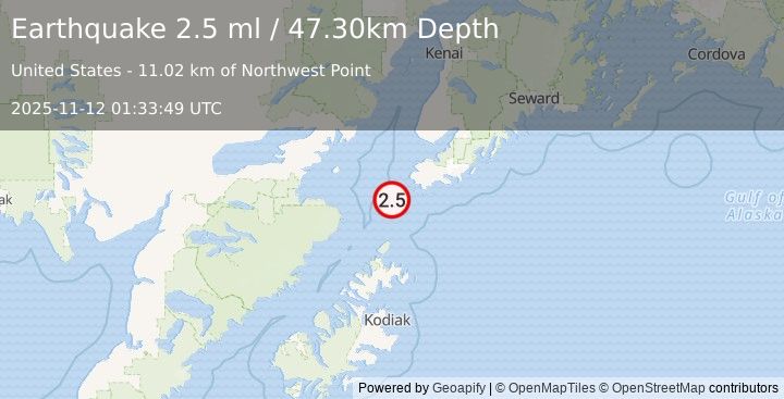 Earthquake 39 km SW of Nanwalek, Alaska (2.5 ml) (2025-11-12 01:33:49 UTC)