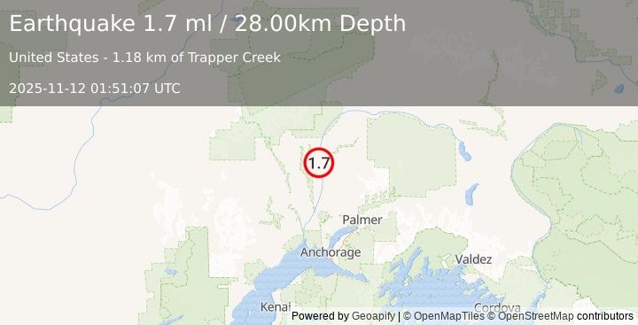 Earthquake 6 km SSE of Trapper Creek, Alaska (1.7 ml) (2025-11-12 01:51:07 UTC)