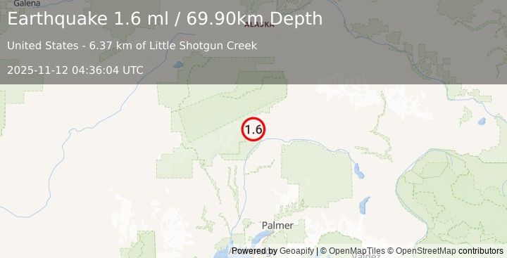Earthquake 60 km SW of Cantwell, Alaska (1.5 ml) (2025-11-12 04:36:05 UTC)