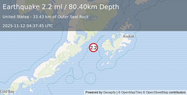 Earthquake 64 km WSW of Karluk, Alaska (2.1 ml) (2025-11-12 04:37:44 UTC)