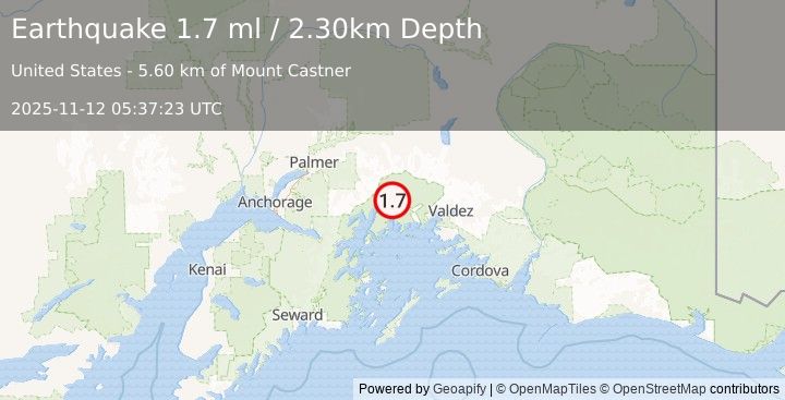 Earthquake 61 km NW of Tatitlek, Alaska (1.7 ml) (2025-11-12 05:37:23 UTC)