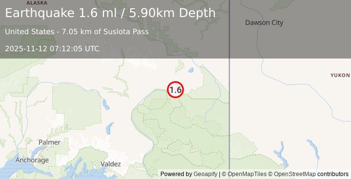 Earthquake 27 km E of Slana, Alaska (1.6 ml) (2025-11-12 07:12:05 UTC)