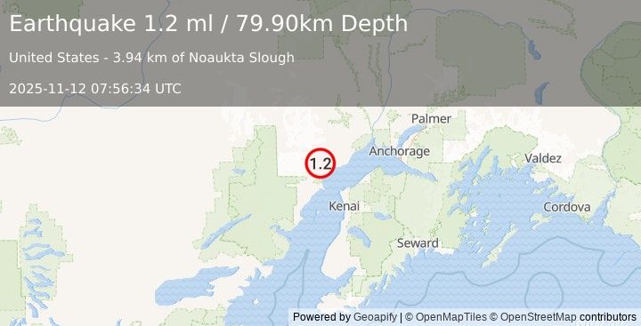 Earthquake 38 km W of Tyonek, Alaska (1.2 ml) (2025-11-12 07:56:34 UTC)