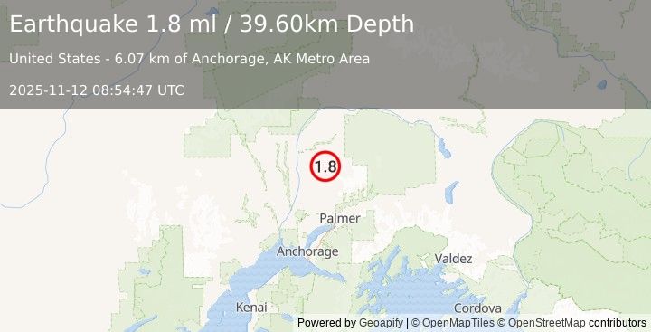 Earthquake 20 km E of Susitna North, Alaska (1.8 ml) (2025-11-12 08:54:47 UTC)