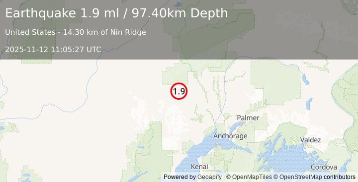 Earthquake 43 km WNW of Skwentna, Alaska (1.9 ml) (2025-11-12 11:05:27 UTC)